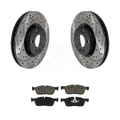 [Avant] Kit de disque (percé rainuré revêtu) et plaquette (céramique) de frein pour 2016-2017 Land Rover Range Evoque avec 300mm Diameter Rotor KDC-100078 par Transit Auto