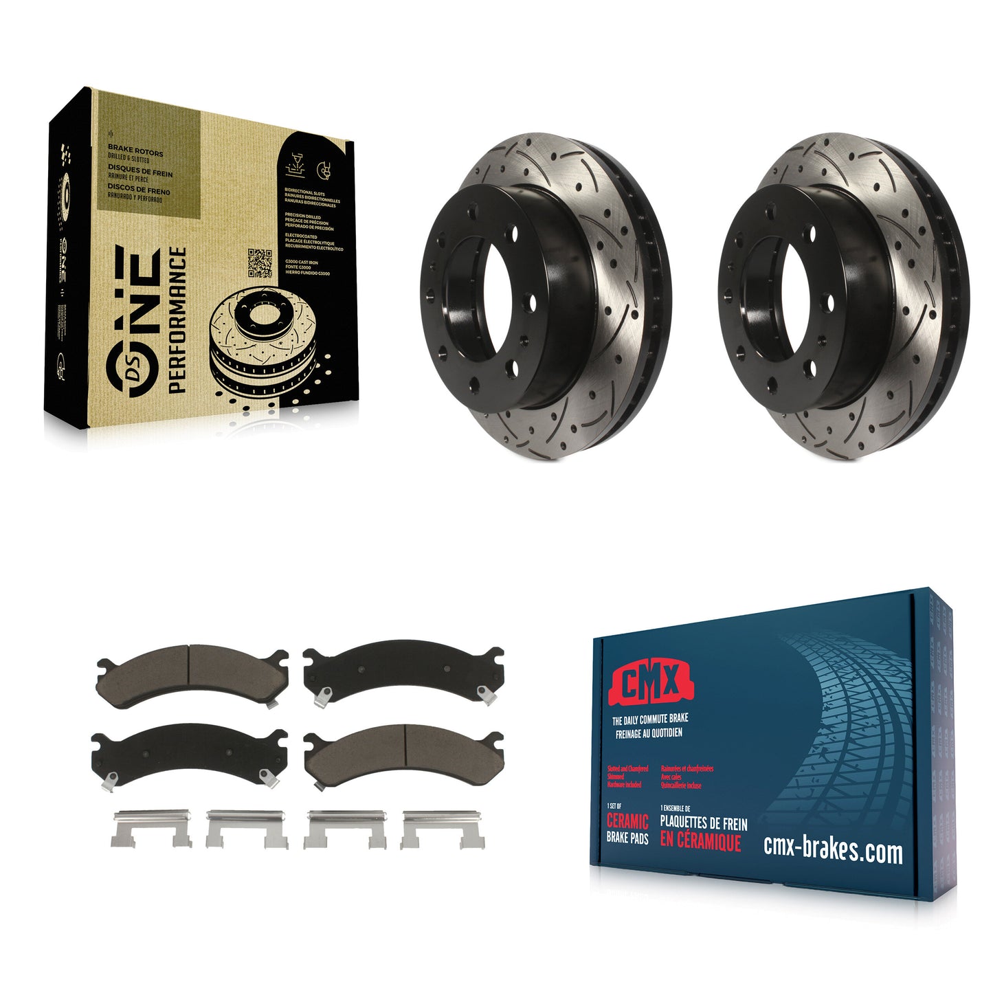 [Avant] Kit de disque (percé rainuré) et plaquette (céramique) de frein pour Chevrolet Silverado 2500 HD GMC Express 3500 Sierra Cadillac DeVille Savana Hummer H2 Classic 1500 Suburban Yukon XL KDC-100183