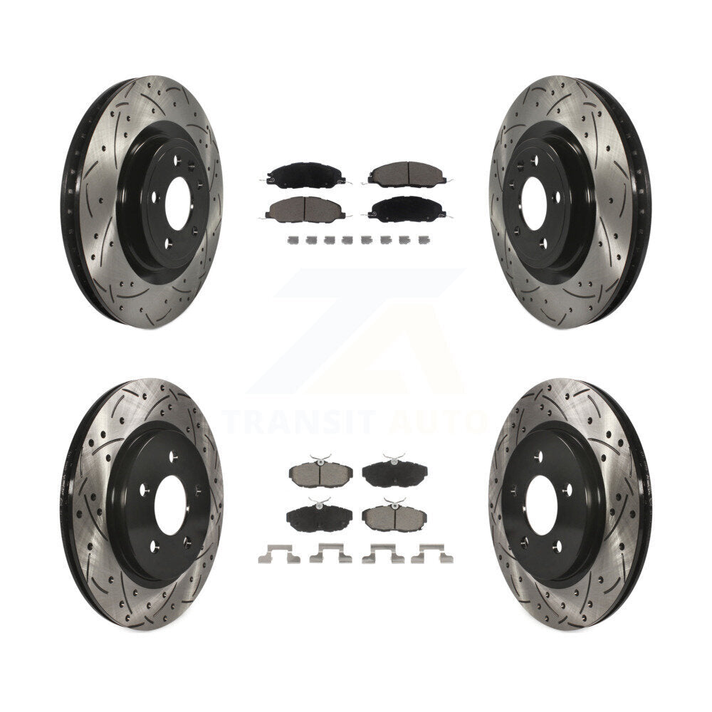 [Avant + Arrière] Kit de disque (percé rainuré revêtu) et plaquette (céramique) de frein pour Ford Mustang KDC-100359