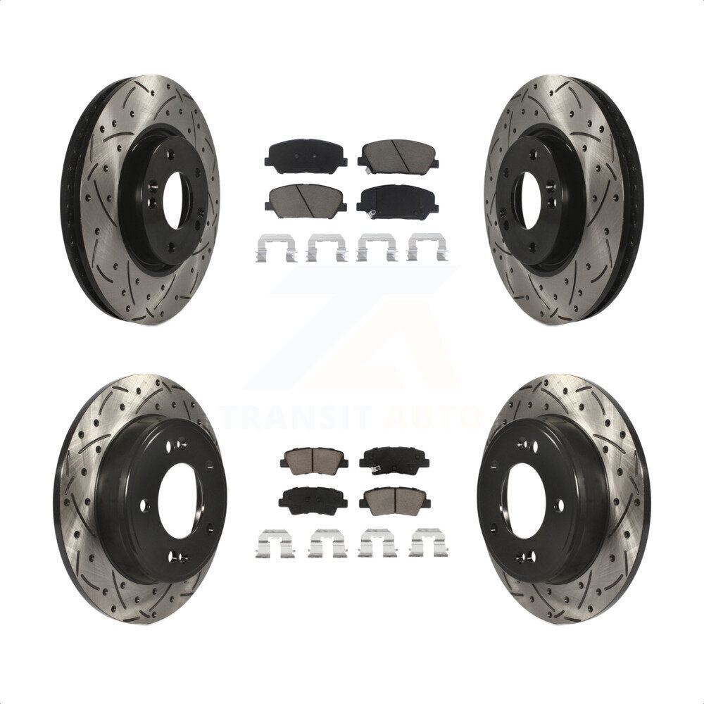 [Avant + Arrière] Kit de disque (percé rainuré revêtu) et plaquette (céramique) de frein pour Hyundai Veloster Kia Forte Koup KDC-100380 par Transit Auto