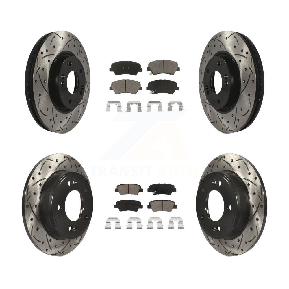 [Avant + Arrière] Kit de disque (percé rainuré revêtu) et plaquette (céramique) de frein pour 2015 Hyundai Veloster Tech RE FLEX SE KDC-100385 par Transit Auto