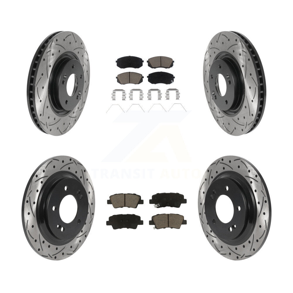 [Avant + Arrière] Kit de disque (percé rainuré revêtu) et plaquette (céramique) de frein pour Kia Optima avec Electric Parking KDC-100397