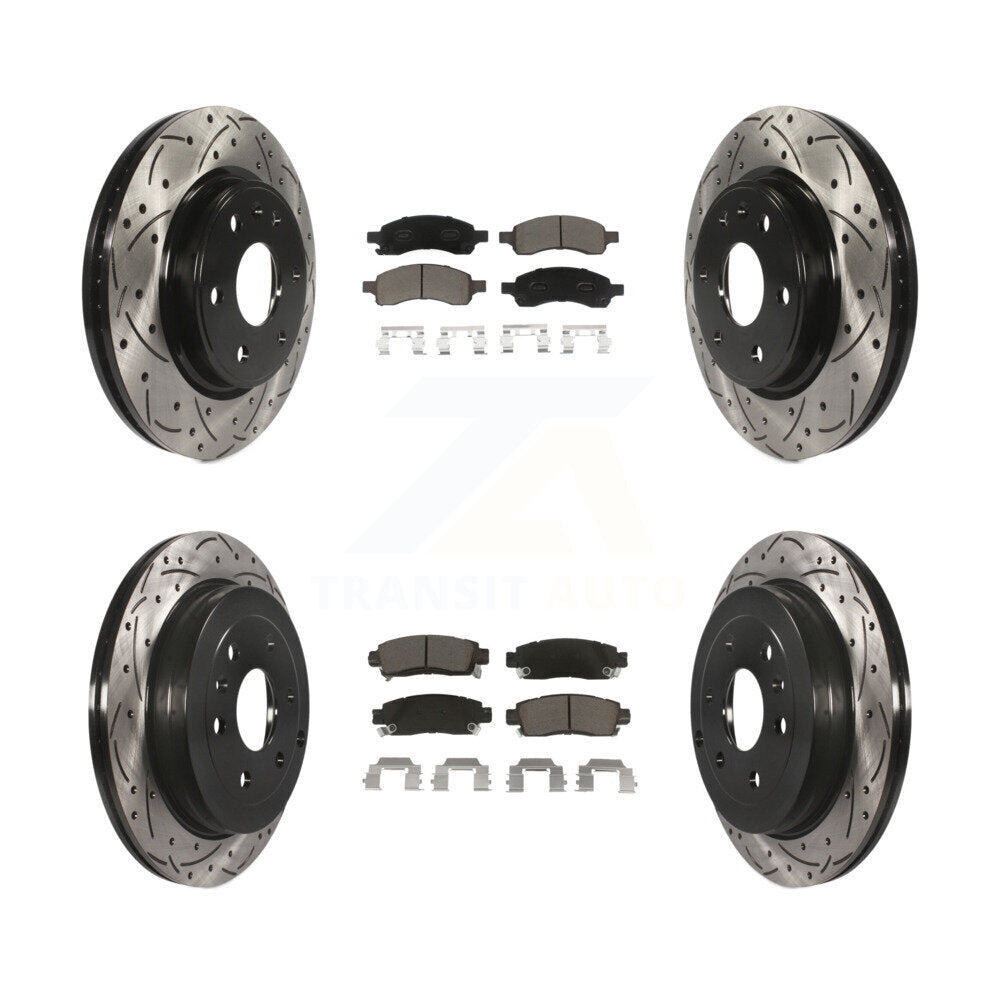 [Avant + Arrière] Kit de disque (percé rainuré revêtu) et plaquette (céramique) de frein pour Chevrolet Traverse GMC Acadia Buick Enclave Saturn Outlook Limited KDC-100619