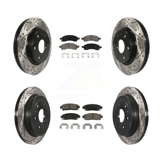 [Avant + Arrière] Kit de disque (percé rainuré revêtu) et plaquette (céramique) de frein pour Chevrolet Traverse GMC Acadia Buick Enclave Saturn Outlook Limited KDC-100619