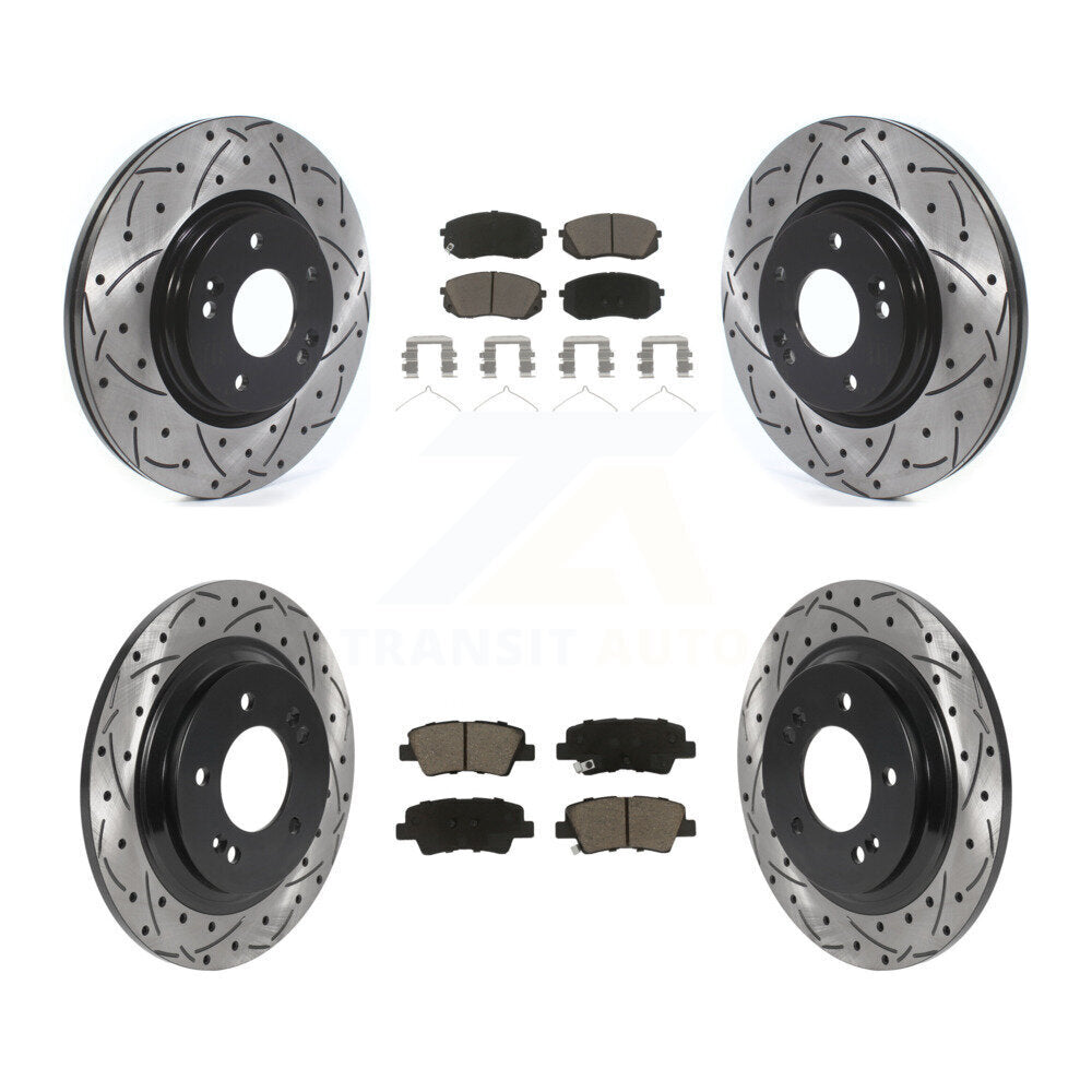 [Avant + Arrière] Kit de disque (percé rainuré revêtu) et plaquette (céramique) de frein pour Kia Optima avec Electric Parking KDC-100628