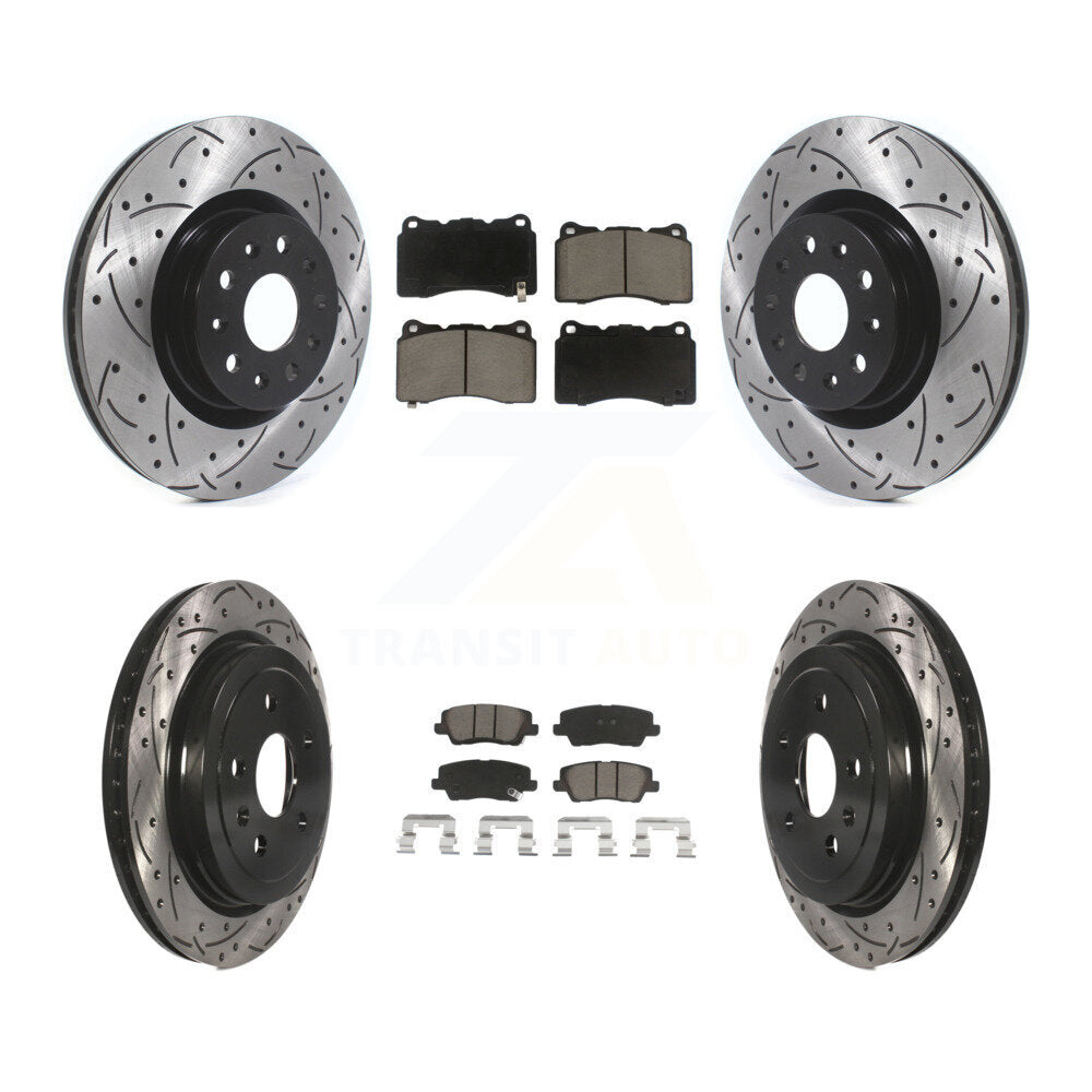 [Avant + Arrière] Kit de disque (percé rainuré revêtu) et plaquette (céramique) de frein pour Cadillac CTS avec 18" Factory Wheels KDC-100646