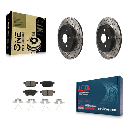 [Arrière] Kit de disque (percé rainuré revêtu) et plaquette (céramique) de frein pour Toyota Corolla Prius Matrix Prime Pontiac Vibe Lexus CT200h Plug-In KDC-100842