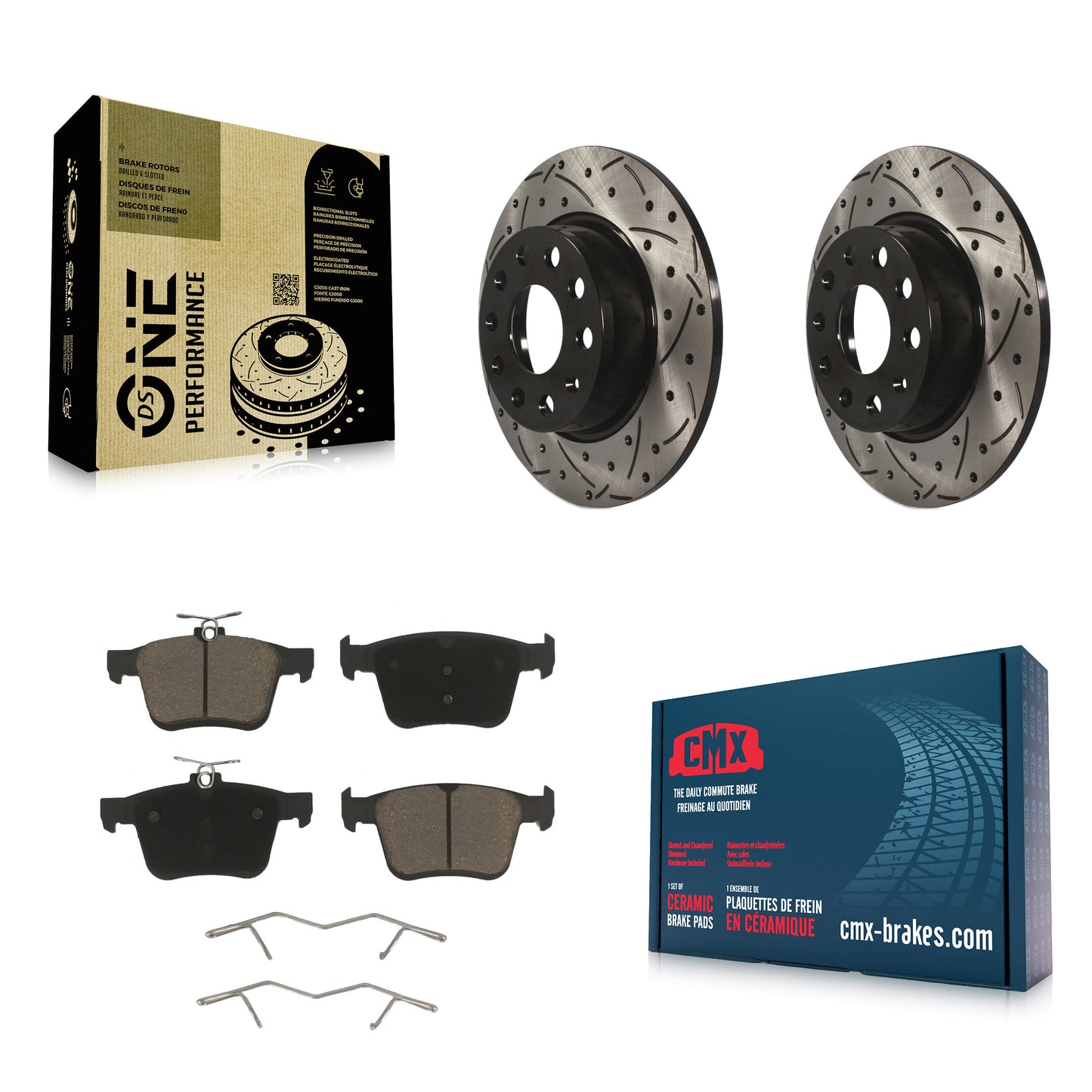 [Arrière] Kit de disque (percé rainuré revêtu) et plaquette (céramique) de frein pour Audi A3 Quattro Volkswagen e-Golf Sportback e-tron Taos KDC-100906