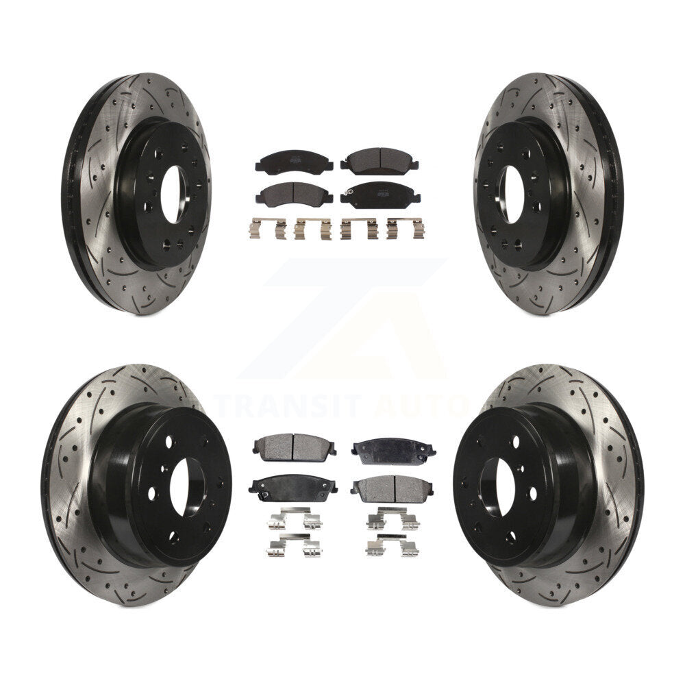 [Avant + Arrière] Kit de disque (percé rainuré revêtu) et plaquette (semi-métallique) de frein pour Chevrolet Silverado 1500 GMC Sierra Tahoe Suburban Yukon Cadillac XL Avalanche Escalade ESV EXT KDF-100192