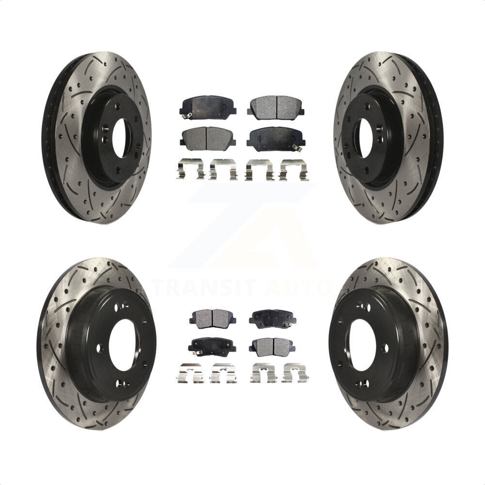 [Avant + Arrière] Kit de disque (percé rainuré revêtu) et plaquette (semi-métallique) de frein pour Hyundai Veloster Kia Forte Koup KDF-100302 par Transit Auto