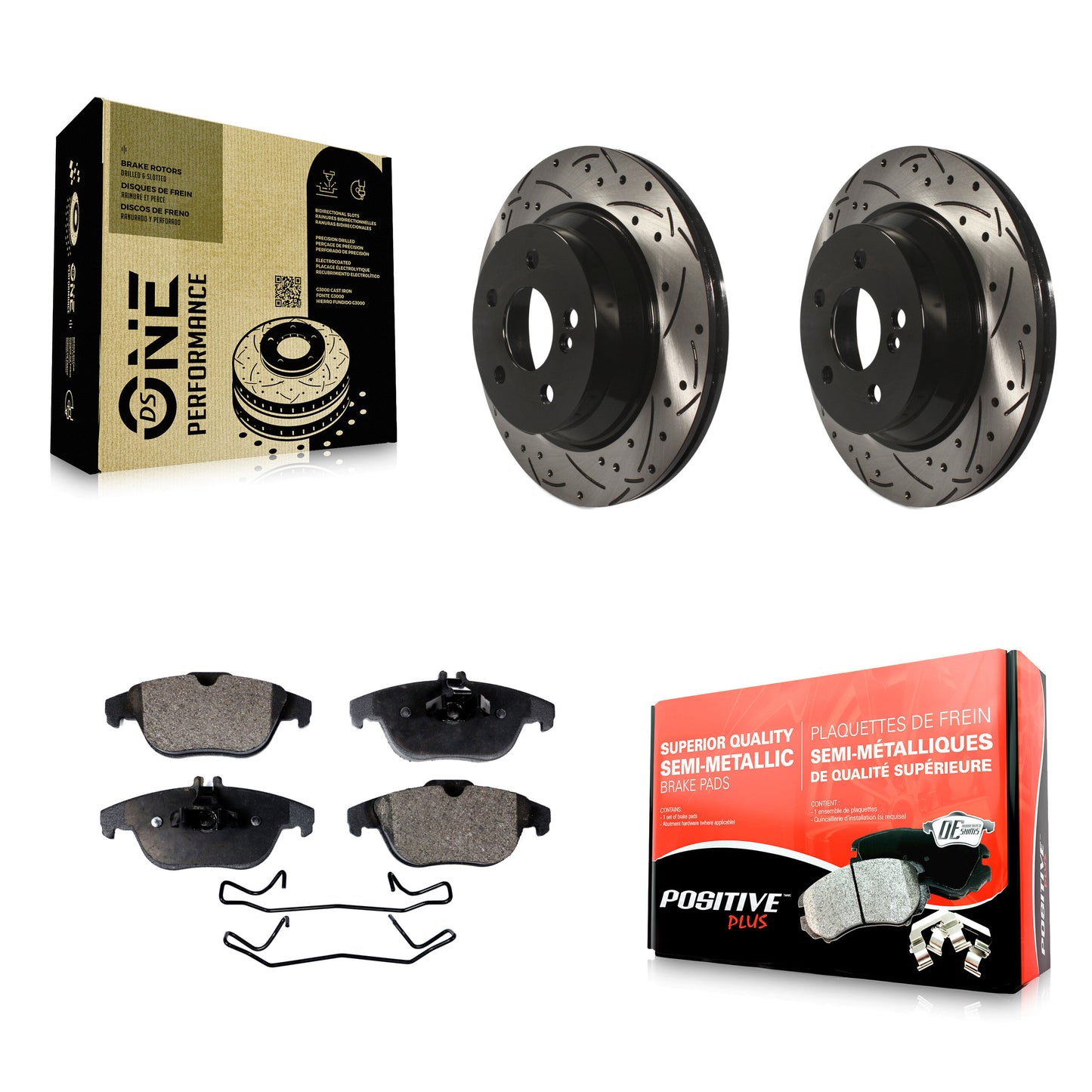 [Arrière] Kit de disque (percé rainuré revêtu) et plaquette (semi-métallique) de frein pour Mercedes-Benz GLK350 E350 GLK250 KDF-100477