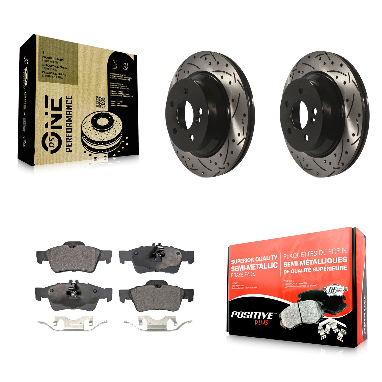 [Arrière] Kit de disque (percé rainuré revêtu) et plaquette (semi-métallique) de frein pour Mercedes-Benz E350 E320 E500 CLS550 E400 CLS500 CLS400 E550 E63 AMG KDF-100478