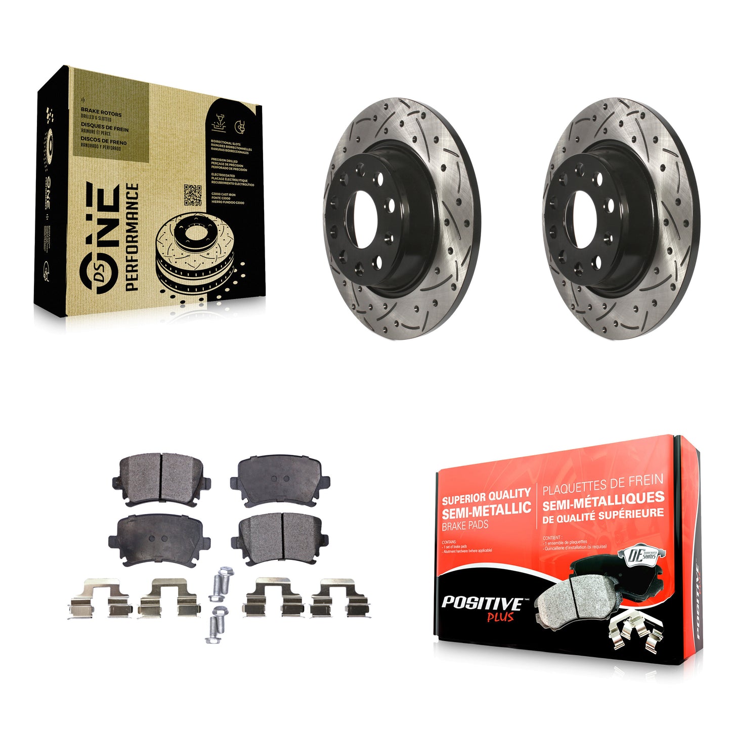 [Arrière] Kit de disque (percé rainuré revêtu) et plaquette (semi-métallique) de frein pour Volkswagen Tiguan CC Jetta Audi Passat GTI A3 Eos Q3 Limited Quattro KDF-100510