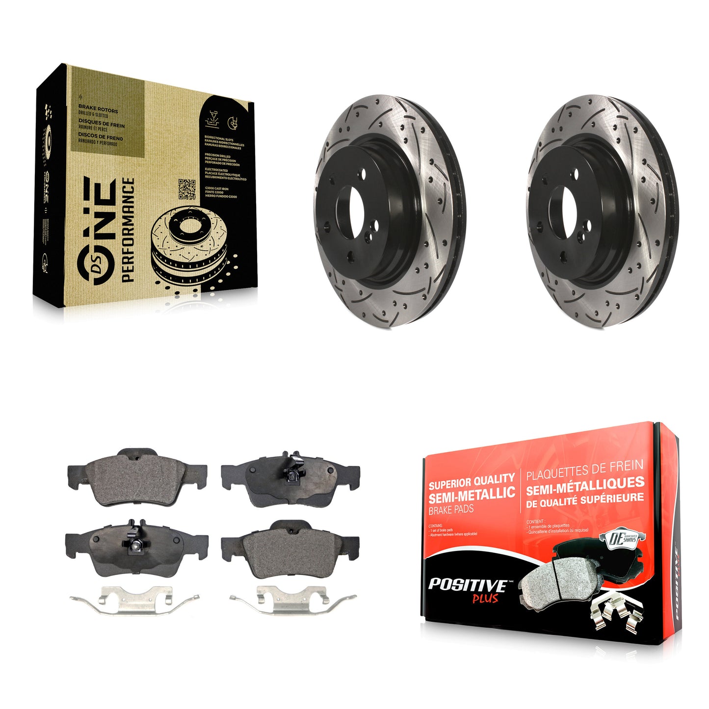 [Arrière] Kit de disque (percé rainuré revêtu) et plaquette (semi-métallique) de frein pour Mercedes-Benz E550 avec 300mm Diameter Rotor KDF-100534
