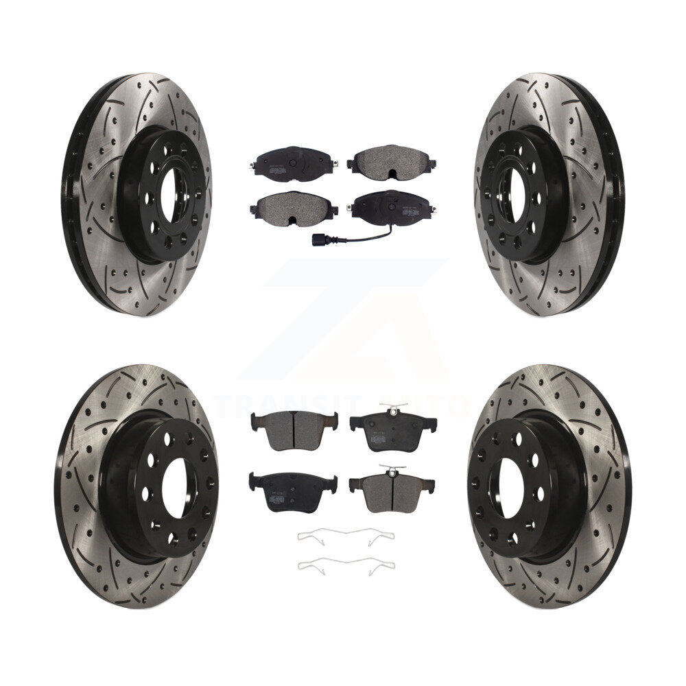 [Avant + Arrière] Kit de disque (percé rainuré revêtu) et plaquette (semi-métallique) de frein pour Audi A3 Quattro Volkswagen e-Golf Taos KDF-100578