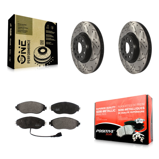 [Avant] Kit de disque (percé rainuré revêtu) et plaquette (semi-métallique) de frein pour Volkswagen GTI Jetta KDF-100596