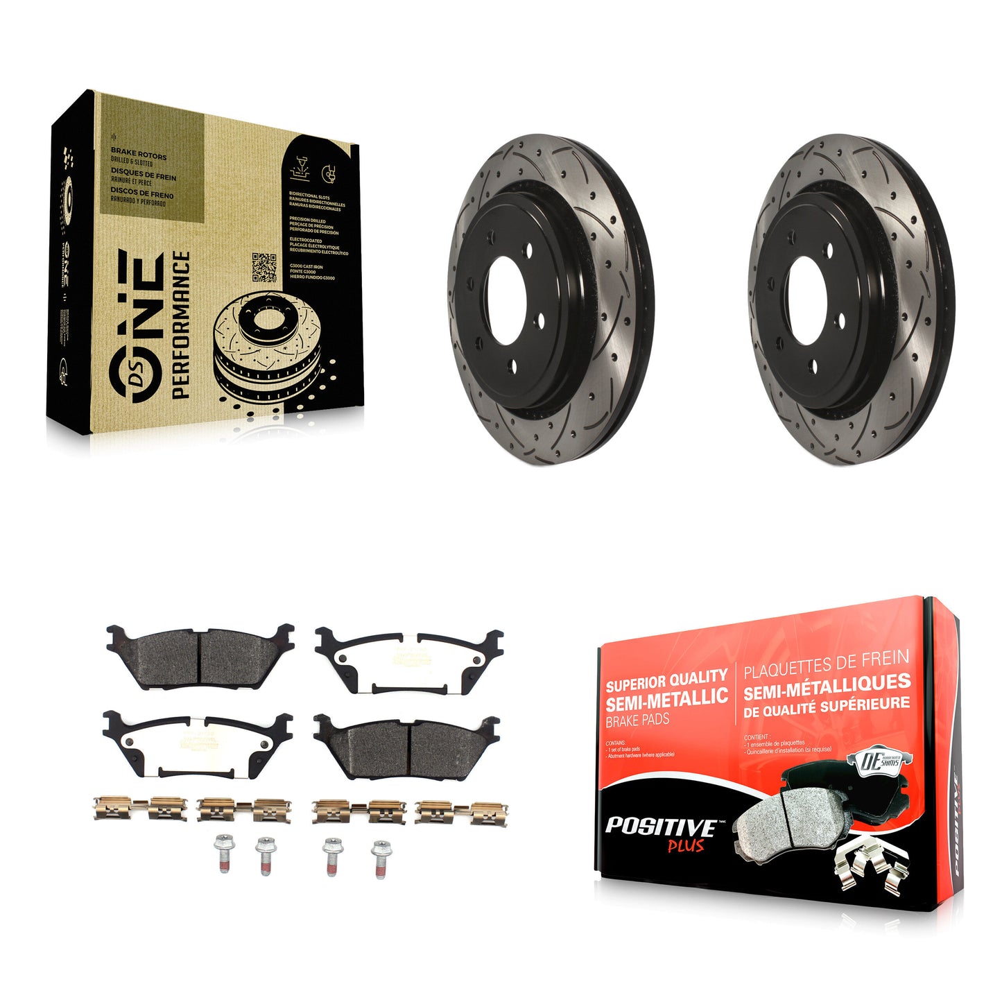 [Arrière] Kit de disque (percé rainuré revêtu) et plaquette (semi-métallique) de frein pour 2015-2017 Ford F-150 avec Electric Parking KDF-100605