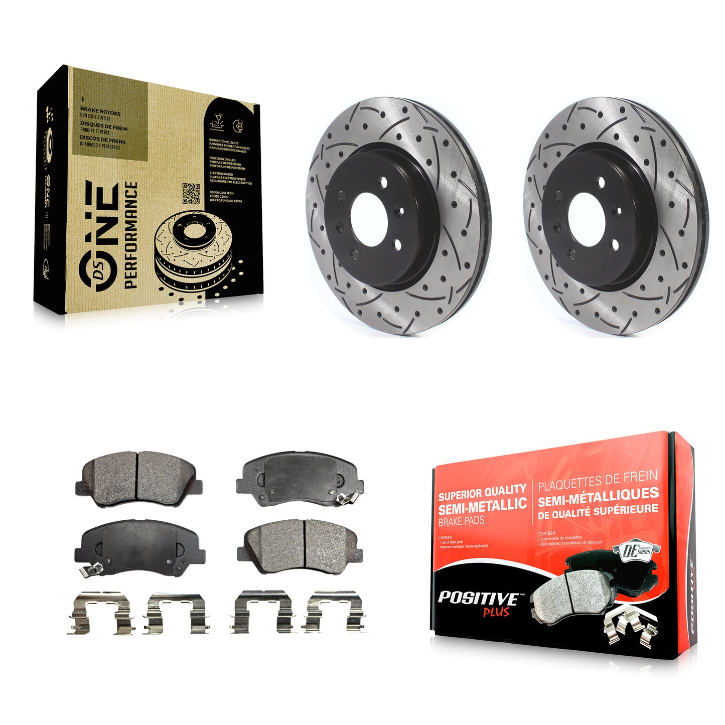 [Avant] Kit de disque (percé rainuré revêtu) et plaquette (semi-métallique) de frein pour Kia Rio KDF-100623