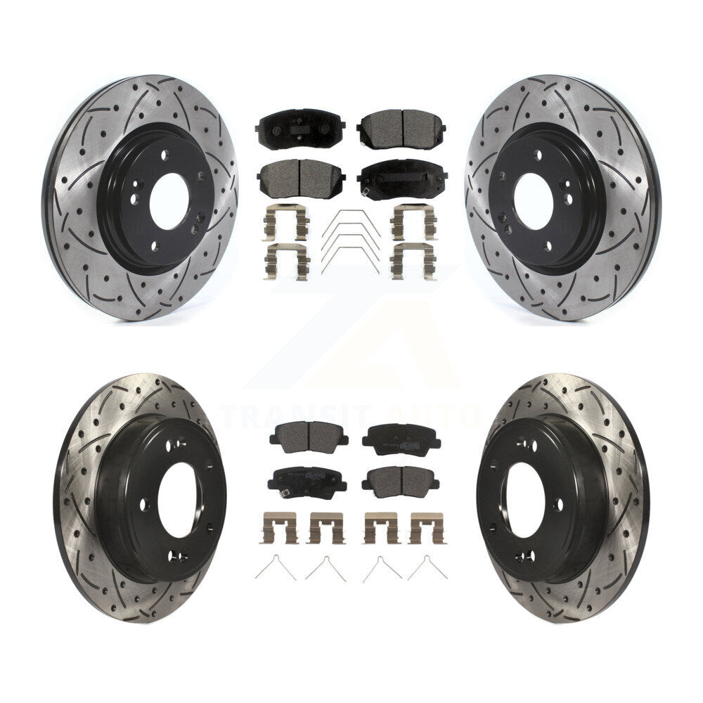 [Avant + Arrière] Kit de disque (percé rainuré revêtu) et plaquette (semi-métallique) de frein pour Kia Soul Forte KDF-100674