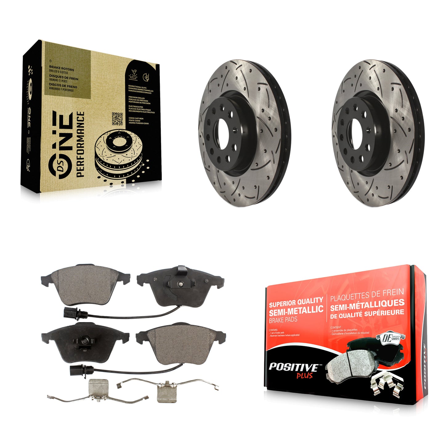 [Avant] Kit de disque (percé rainuré revêtu) et plaquette (semi-métallique) de frein pour Volkswagen CC Passat KDF-100714