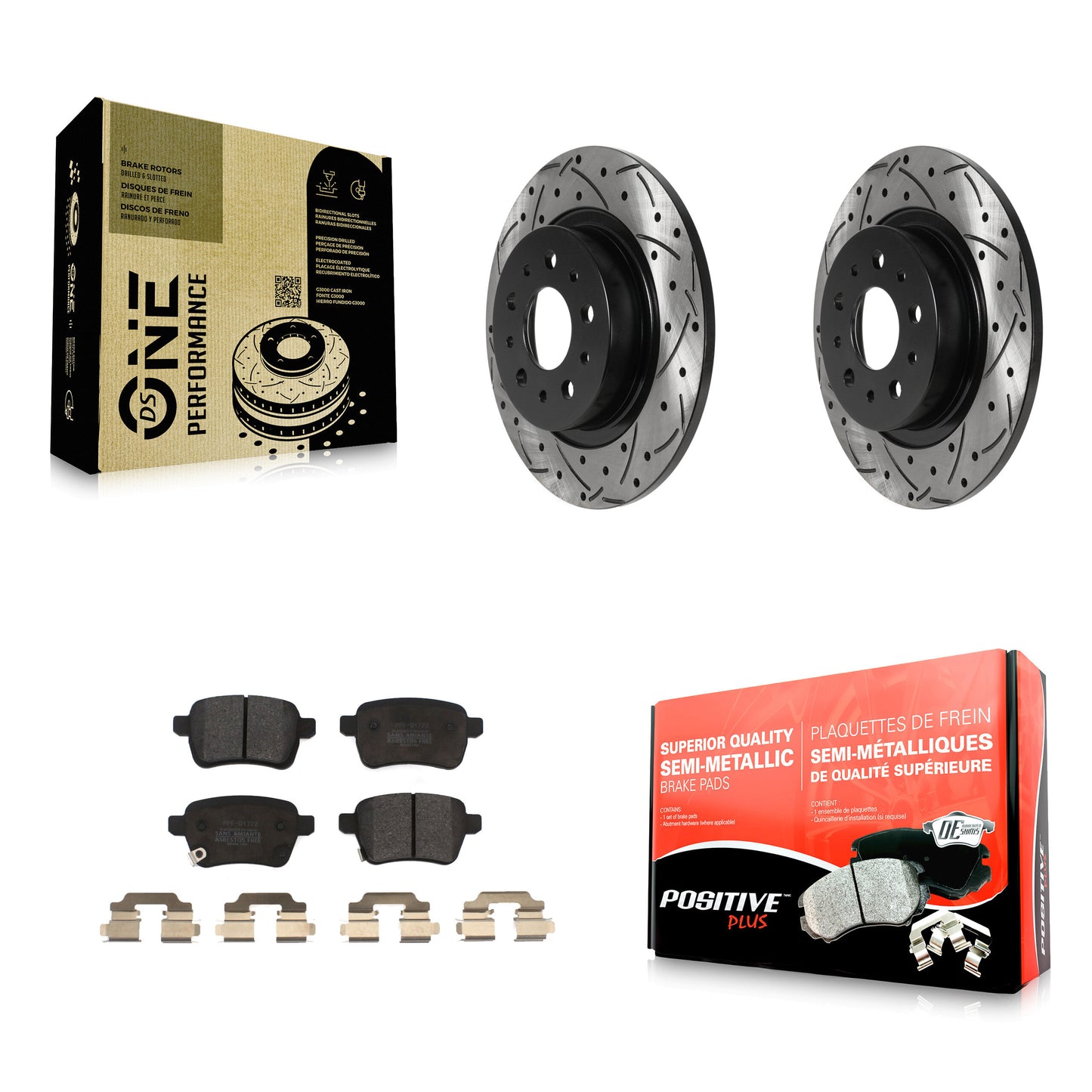 [Arrière] Kit de disque (percé rainuré revêtu) et plaquette (semi-métallique) de frein pour 2014-2020 Fiat 500L KDF-100885