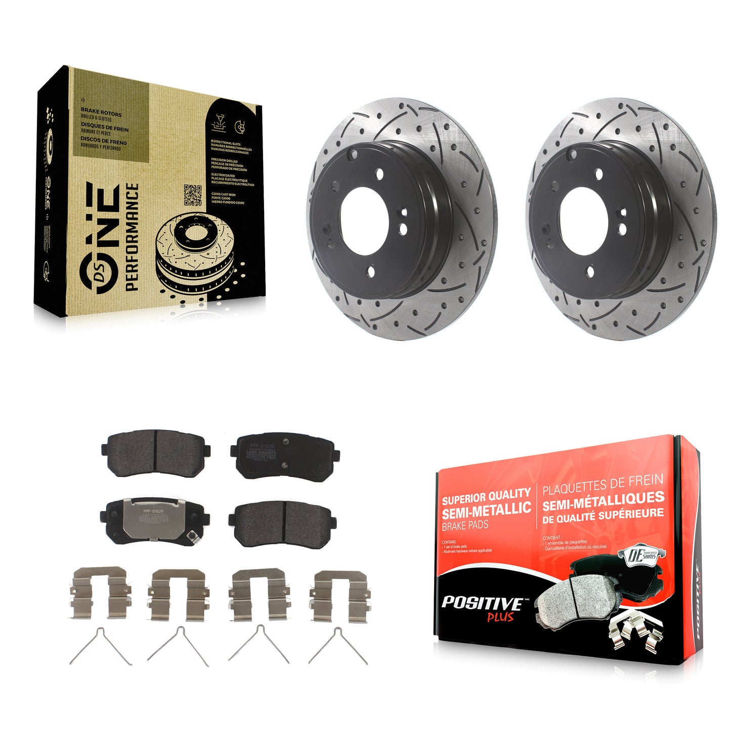 [Arrière] Kit de disque (percé rainuré revêtu) et plaquette (semi-métallique) de frein pour Hyundai Sonata Kia Optima avec Manual Parking KDF-100896