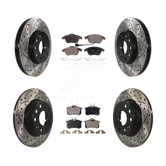 [Avant + Arrière] Kit de disque (percé rainuré revêtu) et plaquette (semi-métallique) de frein pour 2014 Volkswagen Beetle Base/Sportline/Highline/Comfortline/Highline TDI/Comfortline TDI/TDI KDF-100993 par Transit Auto