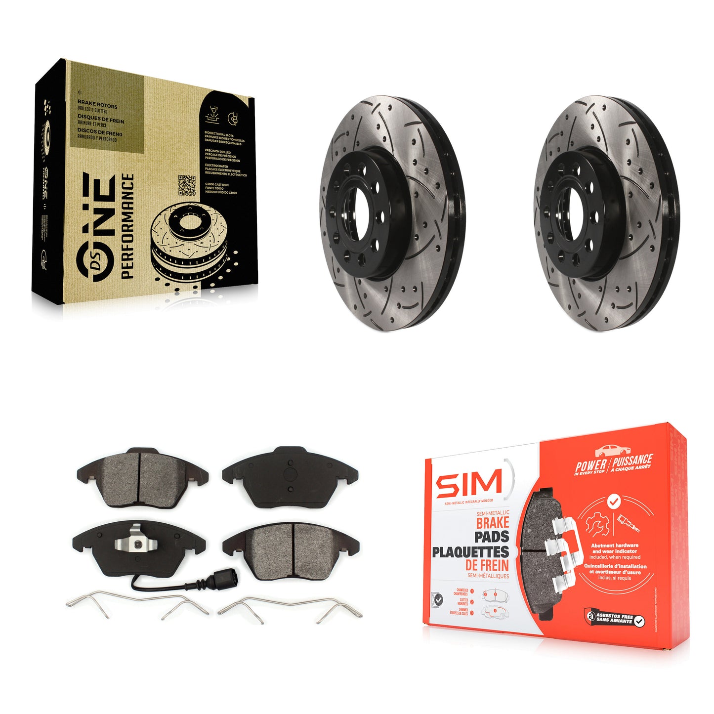 [Avant] Kit de disque (percé rainuré revêtu) et plaquette (semi-métallique) de frein pour Volkswagen Jetta Beetle Golf Rabbit Eos Audi A3 GTI Quattro KDS-100074