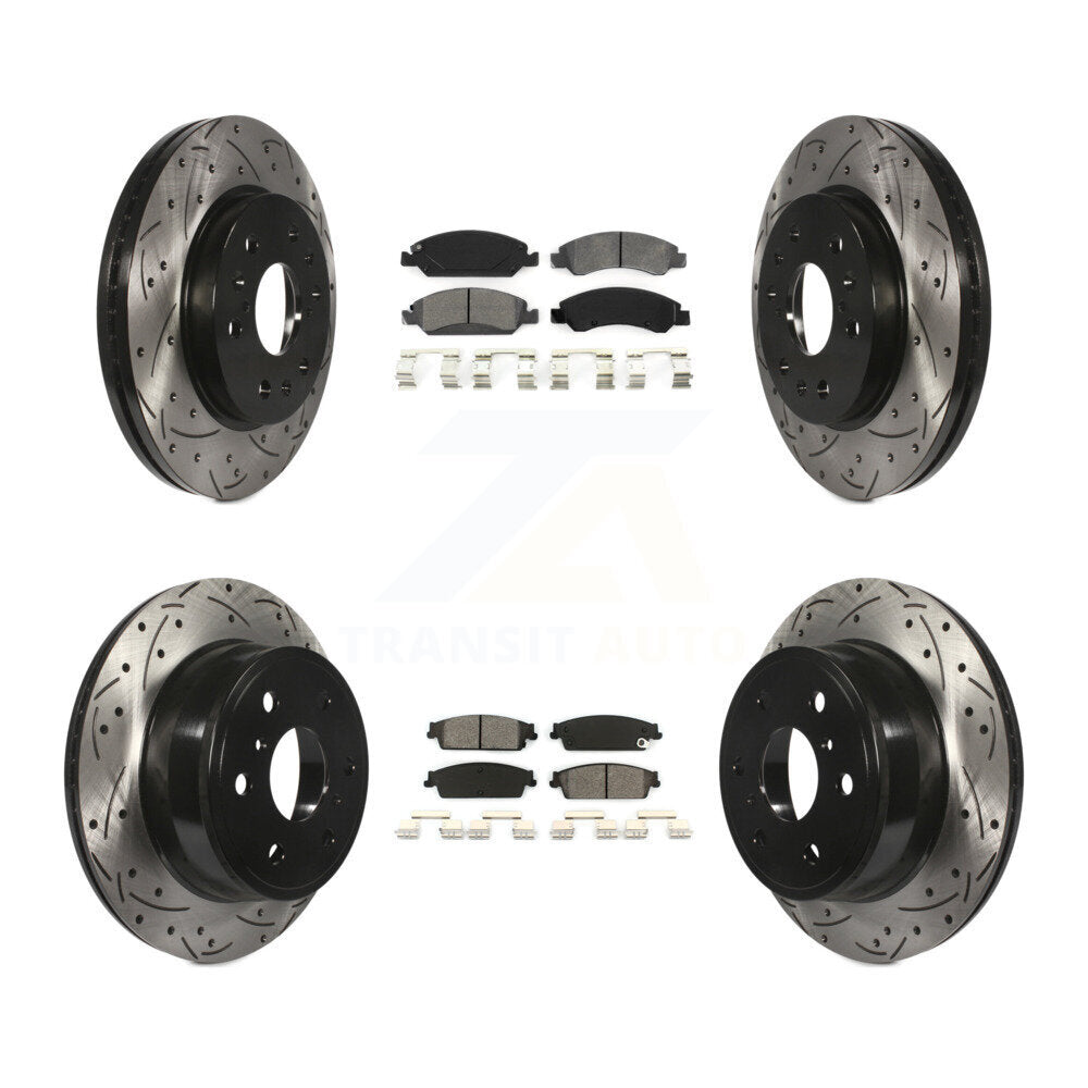 [Avant + Arrière] Kit de disque (percé rainuré revêtu) et plaquette (semi-métallique) de frein pour Chevrolet Silverado 1500 GMC Sierra Tahoe Suburban Yukon Cadillac XL Avalanche Escalade ESV EXT KDS-100179