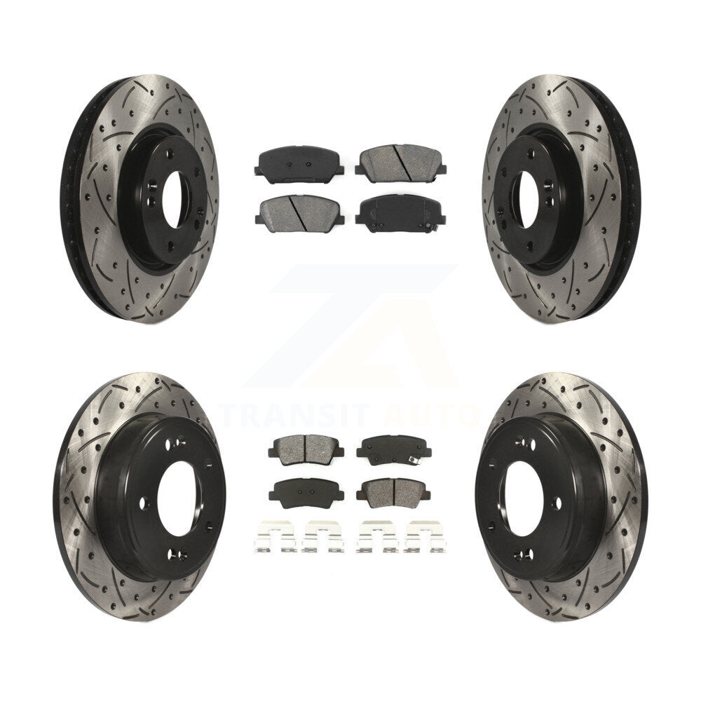 [Avant + Arrière] Kit de disque (percé rainuré revêtu) et plaquette (semi-métallique) de frein pour Hyundai Veloster Kia Forte Koup KDS-100280