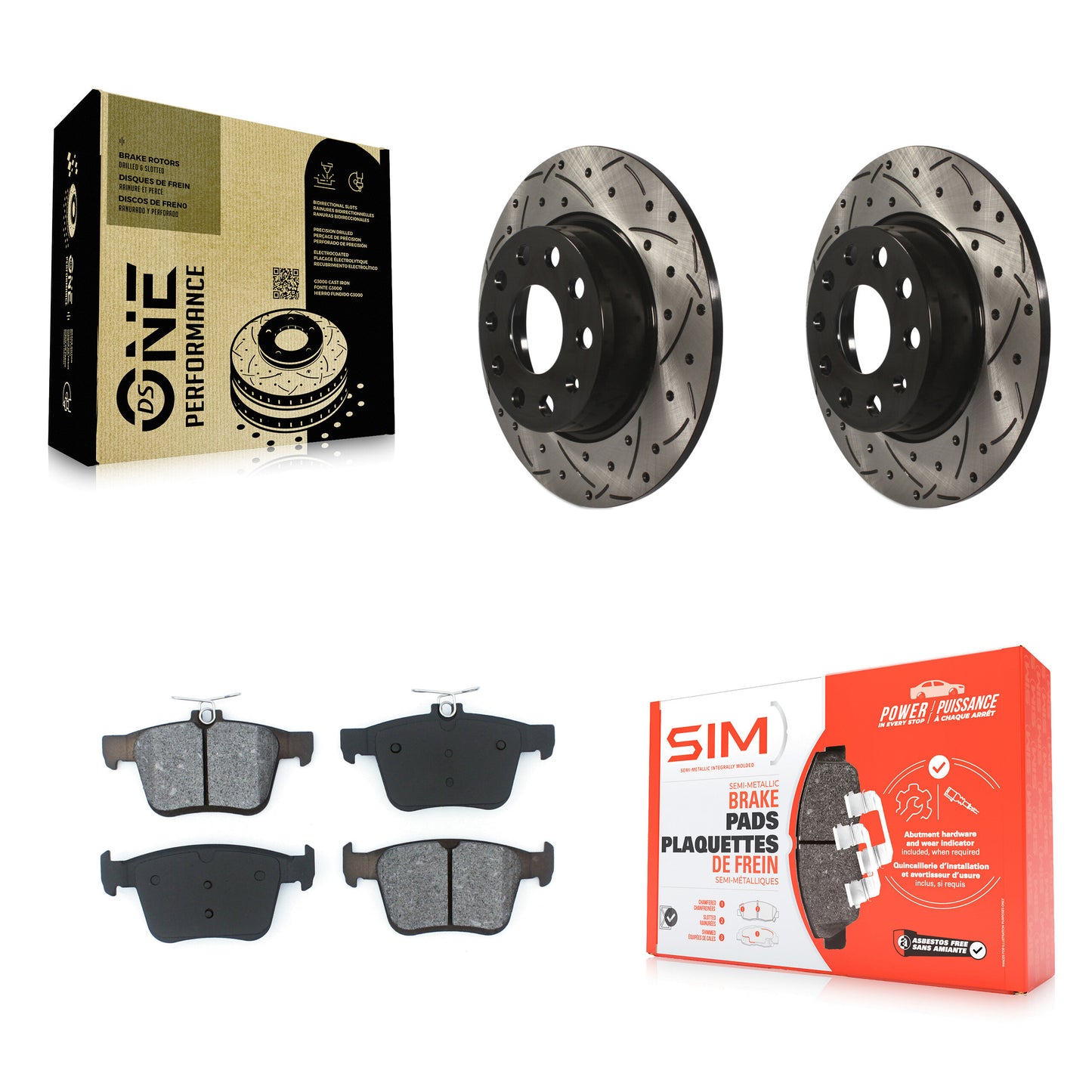 [Arrière] Kit de disque (percé rainuré revêtu) et plaquette (semi-métallique) de frein pour Audi A3 Quattro Volkswagen e-Golf Sportback e-tron Taos KDS-100507