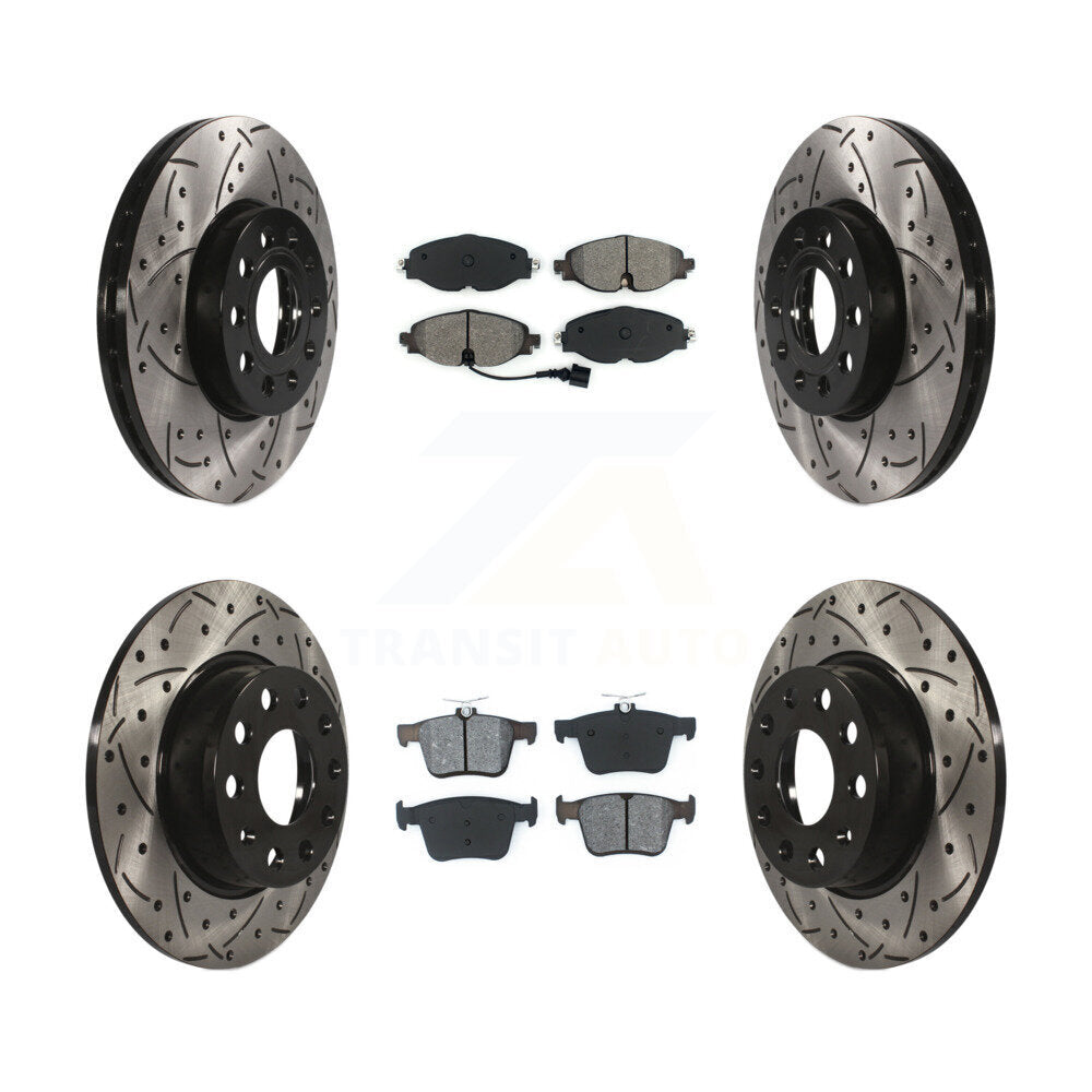[Avant + Arrière] Kit de disque (percé rainuré revêtu) et plaquette (semi-métallique) de frein pour Audi A3 Quattro Volkswagen e-Golf Taos KDS-100529