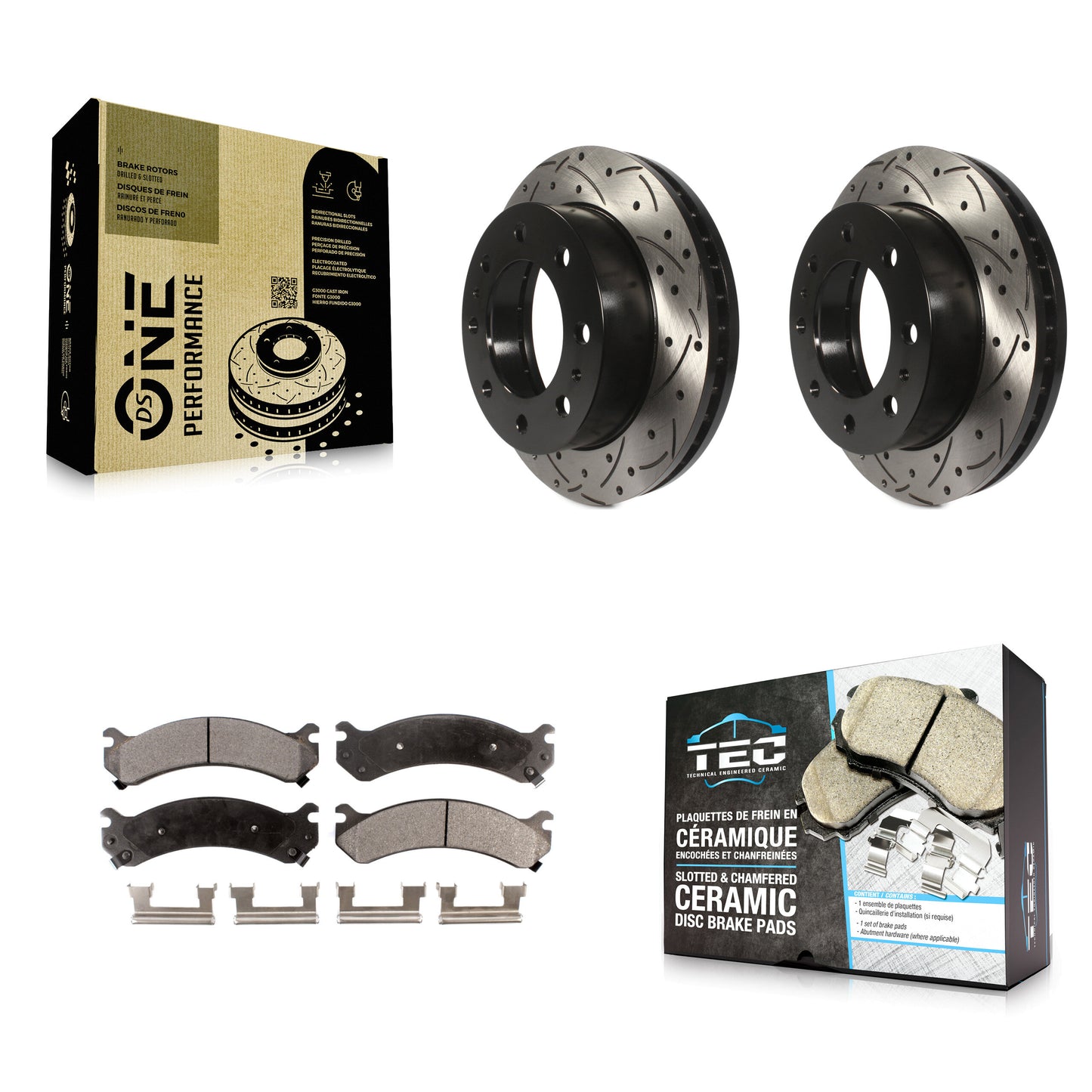 [Avant] Kit de disque (percé rainuré) et plaquette (céramique) de frein pour Chevrolet Silverado 2500 HD GMC Express 3500 Sierra Cadillac DeVille Savana Hummer H2 Classic 1500 Suburban Yukon XL KDT-100001