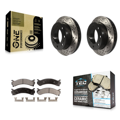 [Avant] Kit de disque (percé rainuré) et plaquette (céramique) de frein pour Chevrolet Silverado 2500 HD GMC Express 3500 Sierra Cadillac DeVille Savana Hummer H2 Classic 1500 Suburban Yukon XL KDT-100001