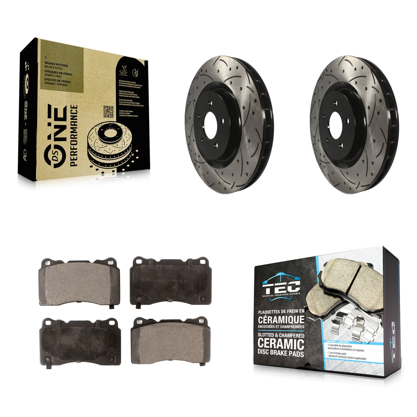 [Avant] Kit de disque (percé rainuré revêtu) et plaquette (céramique) de frein pour Ford Mustang KDT-100023