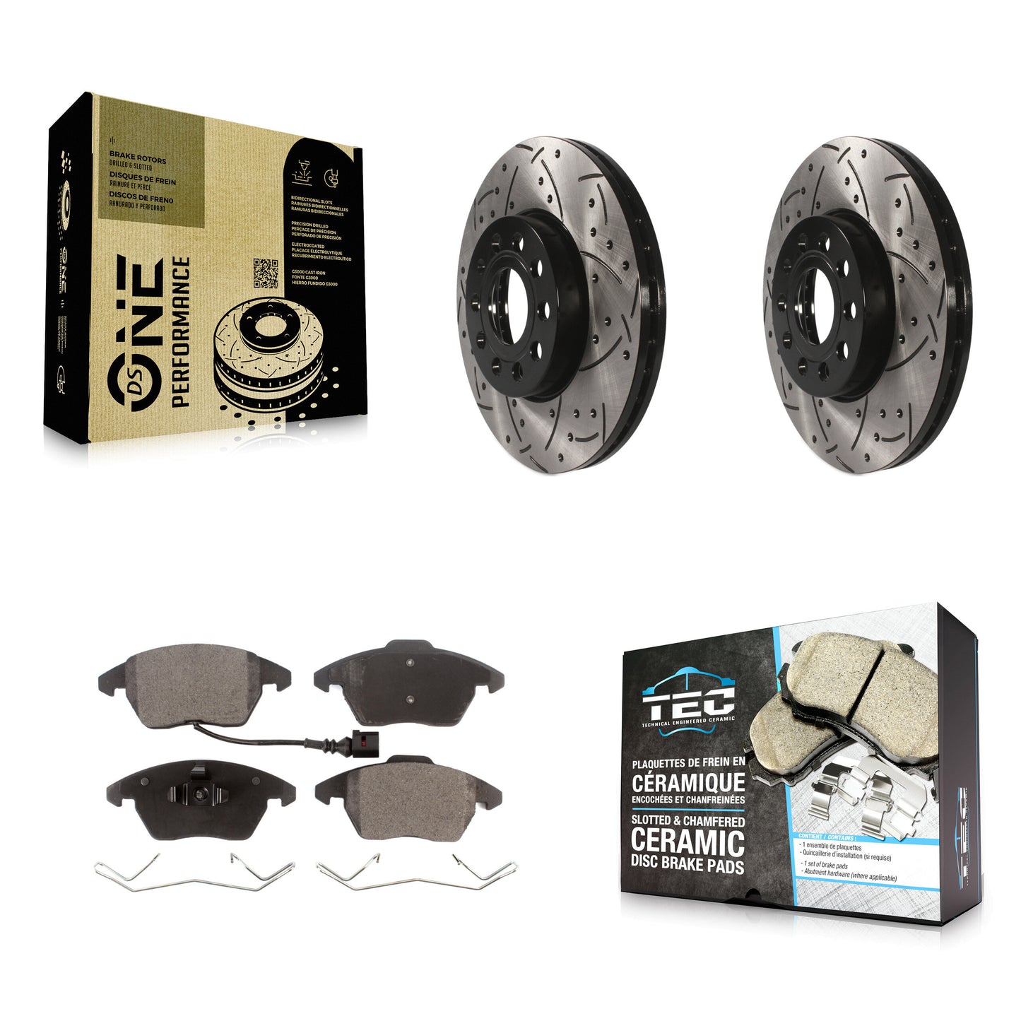[Avant] Kit de disque (percé rainuré revêtu) et plaquette (céramique) de frein pour Volkswagen Jetta Beetle Golf Rabbit Eos Audi A3 GTI Quattro KDT-100083