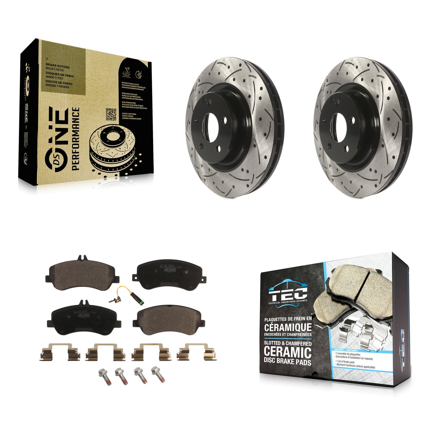 [Avant] Kit de disque (percé rainuré revêtu) et plaquette (céramique) de frein pour Mercedes-Benz GLK350 GLK250 KDT-100104