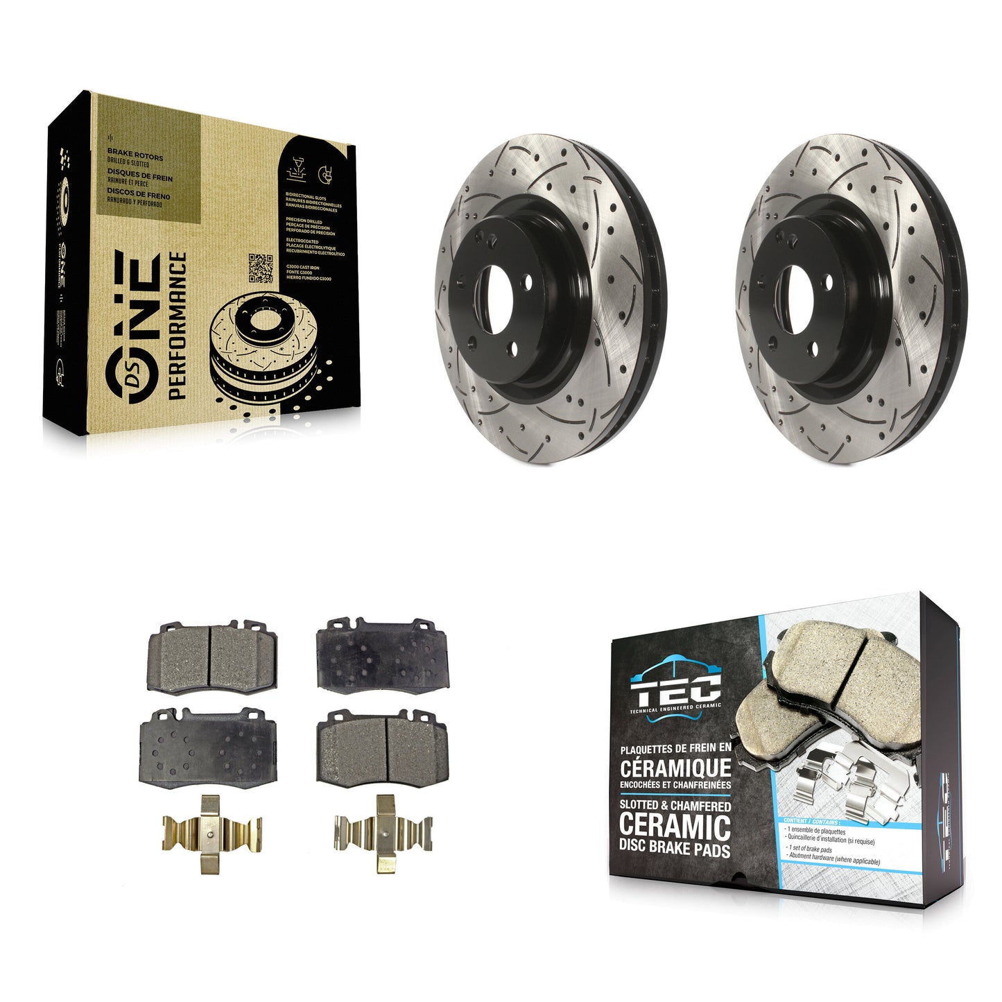 [Avant] Kit de disque (percé rainuré revêtu) et plaquette (céramique) de frein pour Mercedes-Benz CLS550 CLS500 E550 KDT-100105