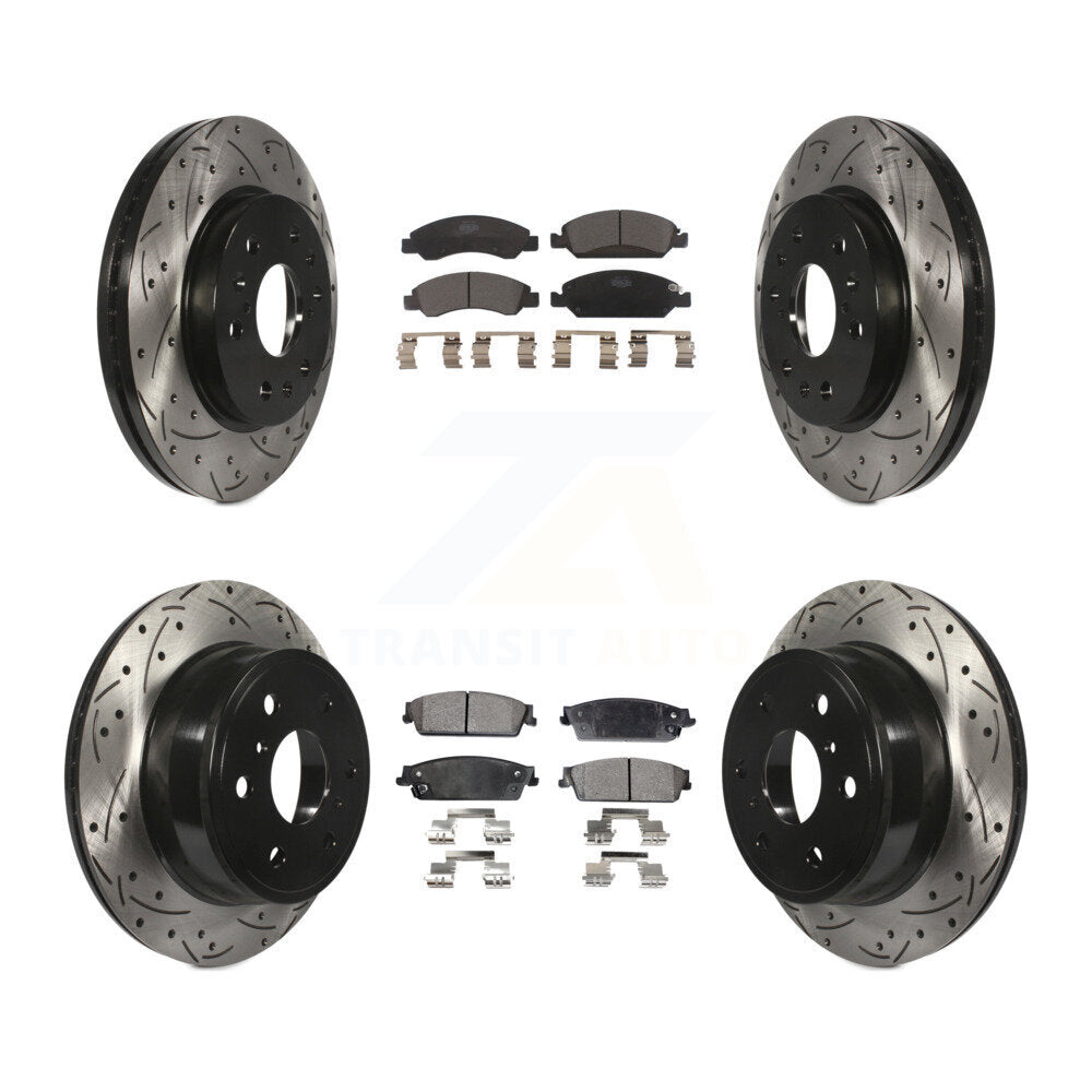[Avant + Arrière] Kit de disque (percé rainuré revêtu) et plaquette (céramique) de frein pour Chevrolet Silverado 1500 GMC Sierra Tahoe Suburban Yukon Cadillac XL Avalanche Escalade ESV EXT KDT-100197