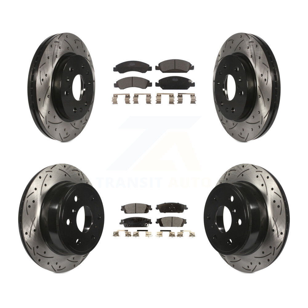 [Avant + Arrière] Kit de disque (percé rainuré revêtu) et plaquette (céramique) de frein pour Chevrolet Silverado 1500 GMC Sierra Tahoe Suburban Yukon Cadillac XL Escalade ESV KDT-100198