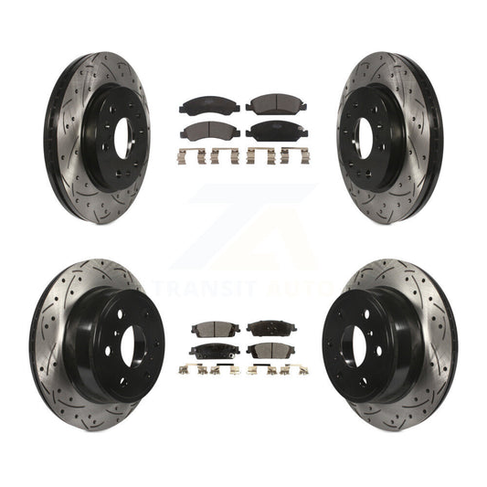 [Avant + Arrière] Kit de disque (percé rainuré revêtu) et plaquette (céramique) de frein pour Chevrolet Silverado 1500 GMC Sierra Tahoe Suburban Yukon Cadillac XL Escalade ESV KDT-100198
