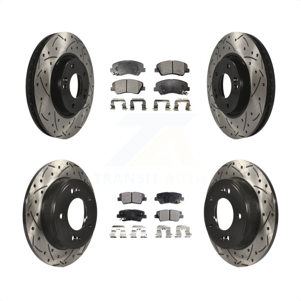 [Avant + Arrière] Kit de disque (percé rainuré revêtu) et plaquette (céramique) de frein pour 2015 Hyundai Veloster Tech RE FLEX SE KDT-100312 par Transit Auto