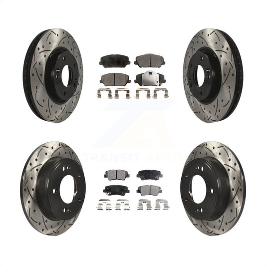 [Avant + Arrière] Kit de disque (percé rainuré revêtu) et plaquette (céramique) de frein pour Kia Forte Forte5 Koup KDT-100313 par Transit Auto