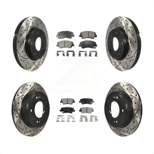 [Avant + Arrière] Kit de disque (percé rainuré revêtu) et plaquette (céramique) de frein pour Hyundai Elantra Kia Forte Veloster GT Forte5 Coupe Koup KDT-100375 par Transit Auto