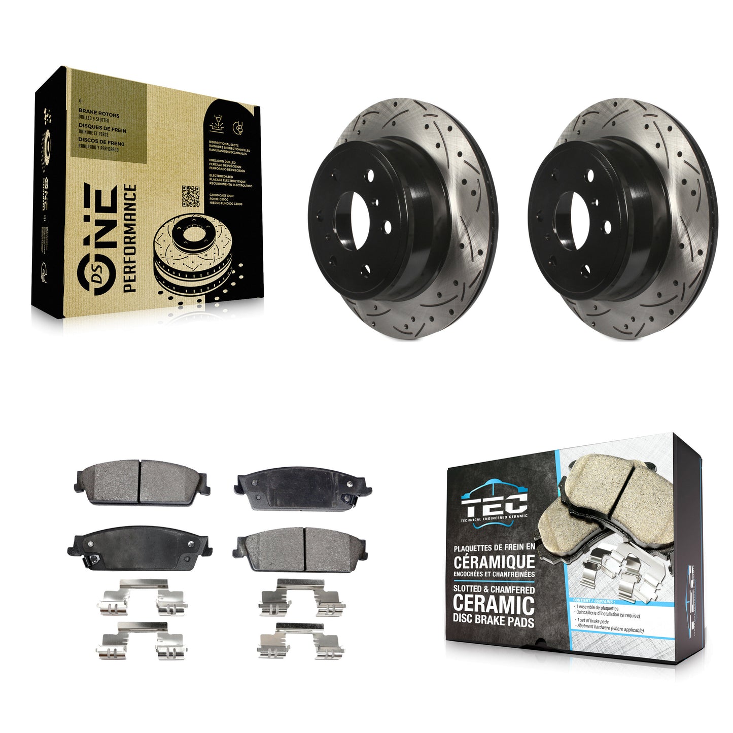 [Arrière] Kit de disque (percé rainuré revêtu) et plaquette (céramique) de frein pour Chevrolet Silverado 1500 GMC Sierra Tahoe Suburban Yukon Cadillac XL Avalanche Escalade ESV EXT KDT-100429