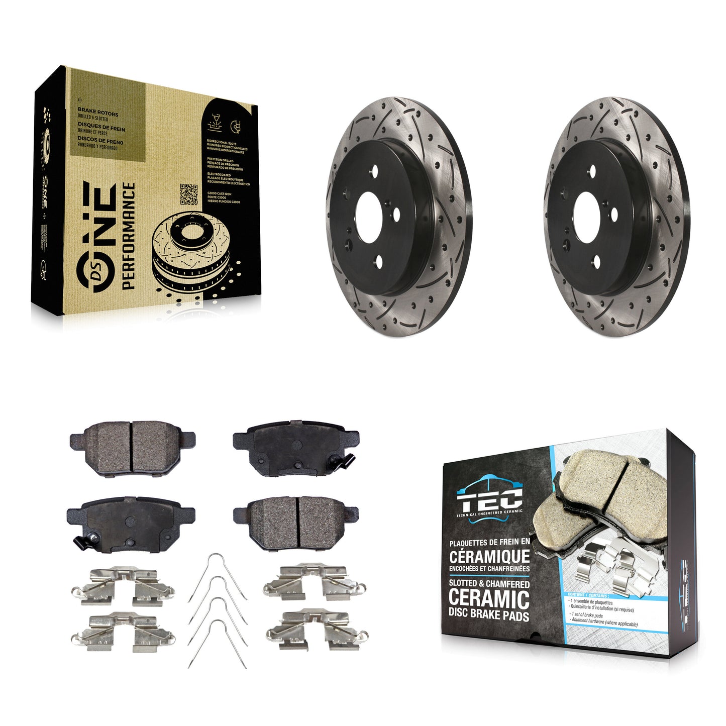 [Arrière] Kit de disque (percé rainuré revêtu) et plaquette (céramique) de frein pour Toyota Corolla Prius Matrix Prime Pontiac Vibe Lexus CT200h Plug-In KDT-100432