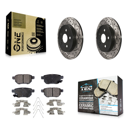 [Arrière] Kit de disque (percé rainuré revêtu) et plaquette (céramique) de frein pour Toyota Corolla Prius Matrix Prime Pontiac Vibe Lexus CT200h Plug-In KDT-100432