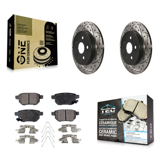 [Arrière] Kit de disque (percé rainuré revêtu) et plaquette (céramique) de frein pour Toyota Corolla Prius Matrix Prime Pontiac Vibe Lexus CT200h Plug-In KDT-100432