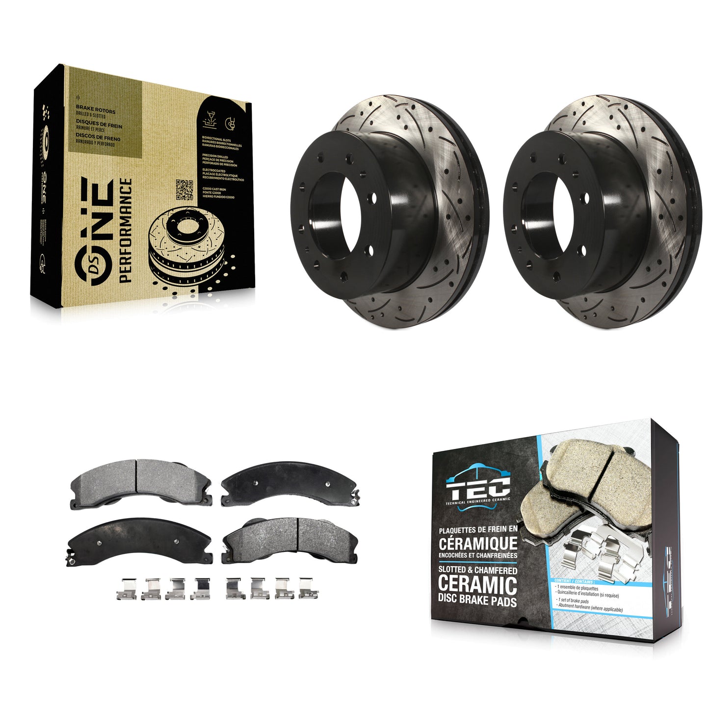 [Arrière] Kit de disque (percé rainuré revêtu) et plaquette (céramique) de frein pour Chevrolet Silverado 2500 HD GMC Sierra 3500 Suburban KDT-100442