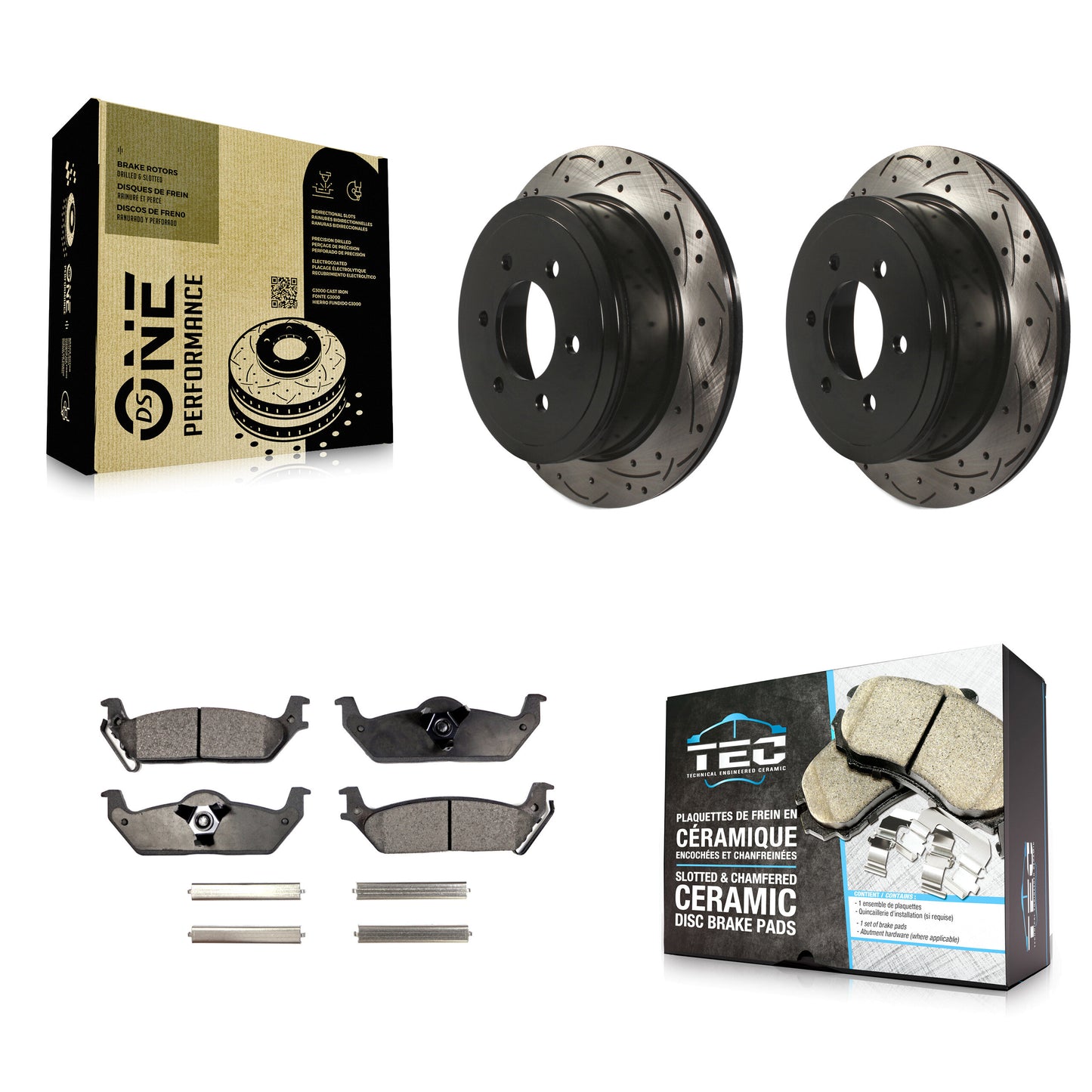 [Arrière] Kit de disque (percé rainuré revêtu) et plaquette (céramique) de frein pour Ford F-150 Lincoln Mark LT KDT-100445